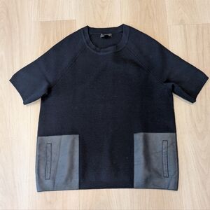 J Crew Dark Blue Merino Wool Sweater Shirt With Leather Pockets Patches Size S